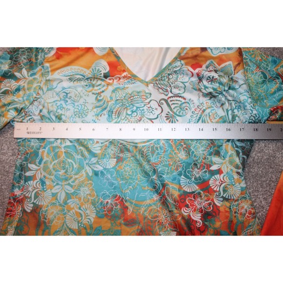 BOHO Chic Flared Sleeve Top Shirt Colorful Orange Flue Floral Design XL Azalea - Picture 6 of 7